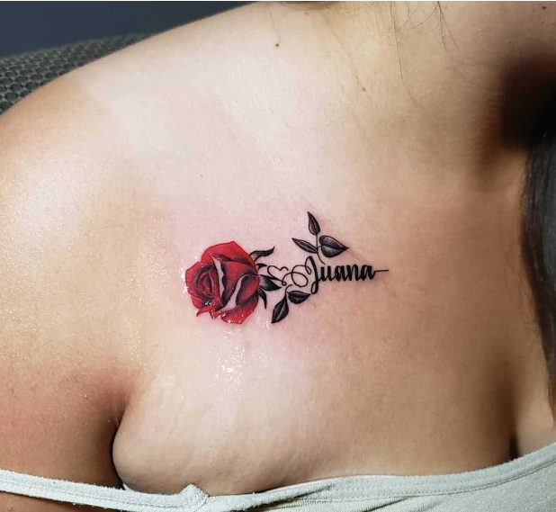 Small Red Rose Name Tattoo on Chest
