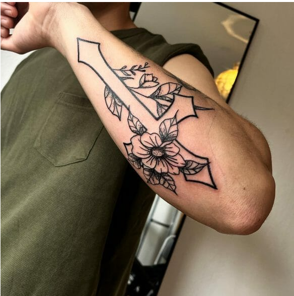 Flower & Cross Design For Memorial Tattoo
