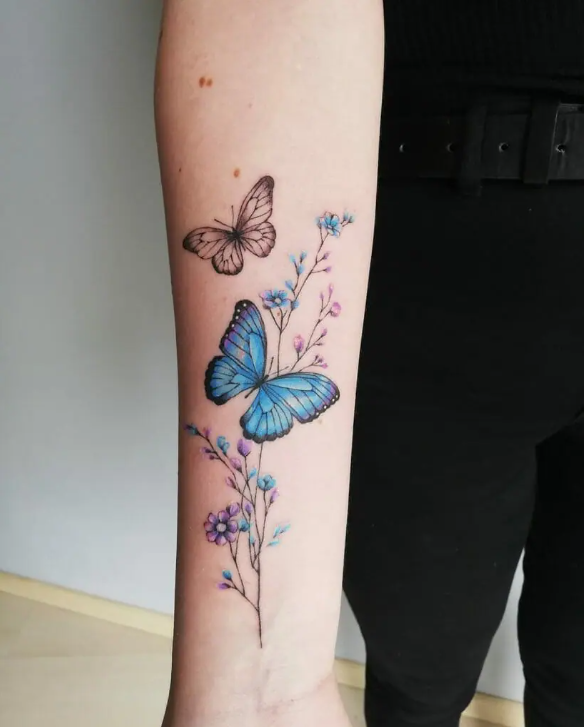 BLUE BUTTERFLY AND FLOWER TATOO