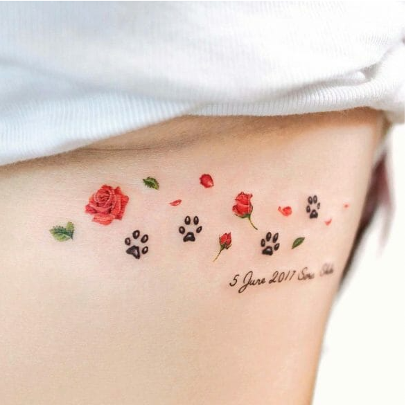 memorial paw print tattoo  with rose flower theme