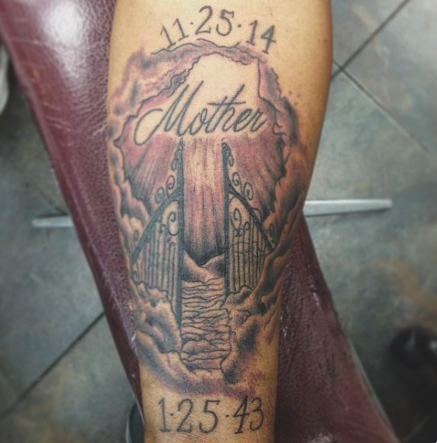 Momorial tattoo with date themed Stairway to heaven