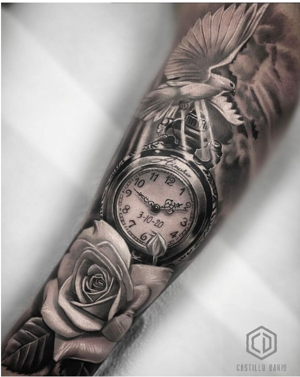 birth clock tattoo with rose