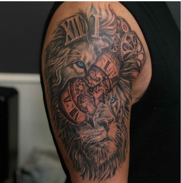 clock tattoo with lion