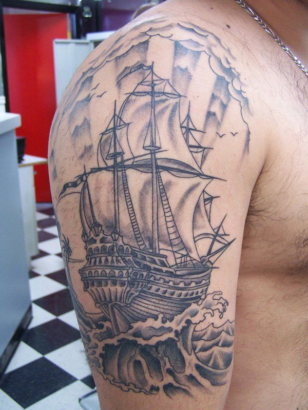 Giant Ship Tattoo On Shoulder