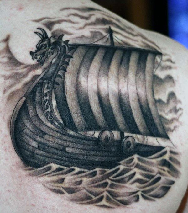 Black Ink Viking Ship Tattoo
